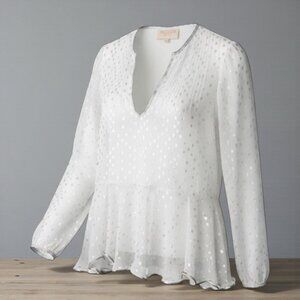 Rococo Sand Sheer White Metallic Ruffle Hem Long Sleeve Blouse